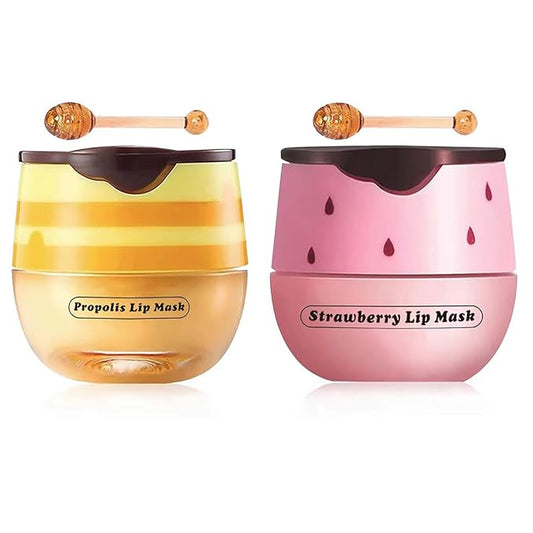 2 Pcs Strawberry & Honey Lip Balm, Lip Mask with Stick, Moisturizing Lip Sleeping Mask Day & Night Lip Care - Hydrate Repair Prevent Dry Cracked Exfoliate (Honey+Strawberry)