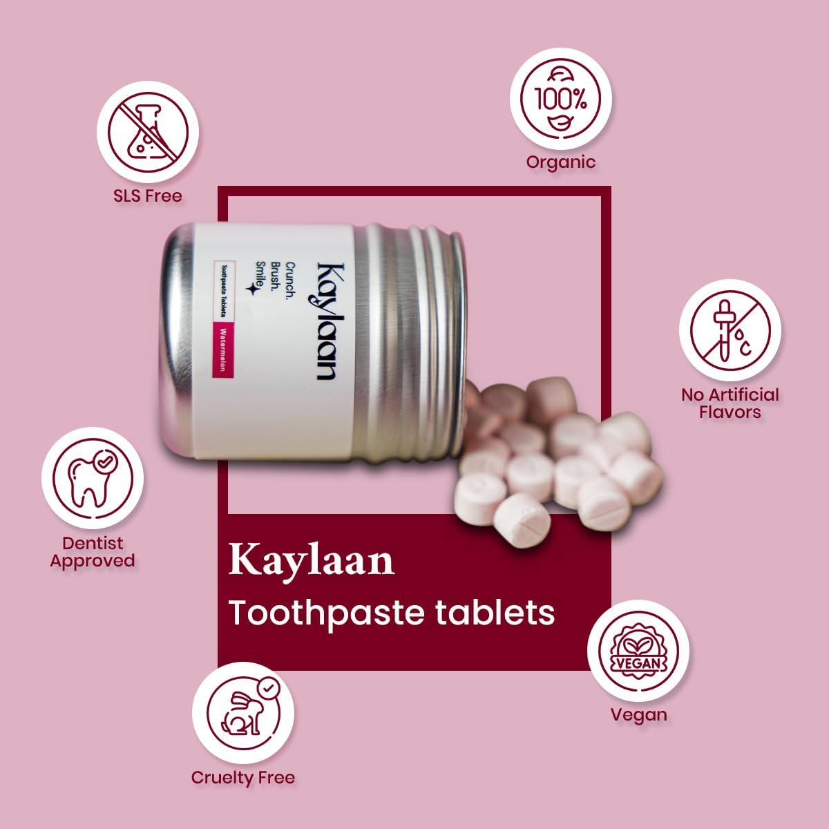 Kalyaan Kids Toothpaste Tablets with Fluoride | Whitening, Sensitivity Relief & Cavity Protection | Chewable, Plastic-Free, Travel-Friendly - Watermelon, 90 Count, Made in USA