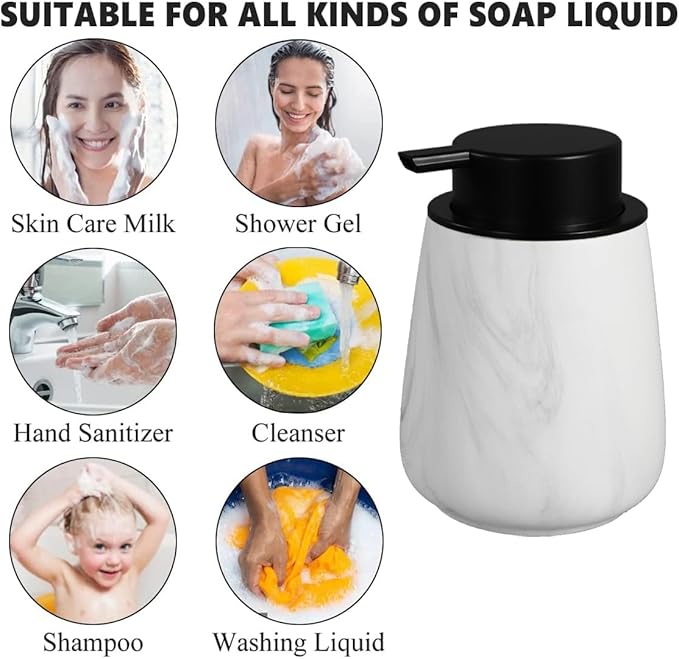 12Oz Ceramic Liquid Soap Dispenser - Modern Lotion Hand Soap Dispenser with Easy-to-Press Black Pump, Reusable and Refillable Dish Soap Dispensers for Bathroom & Kitchen, Marble White