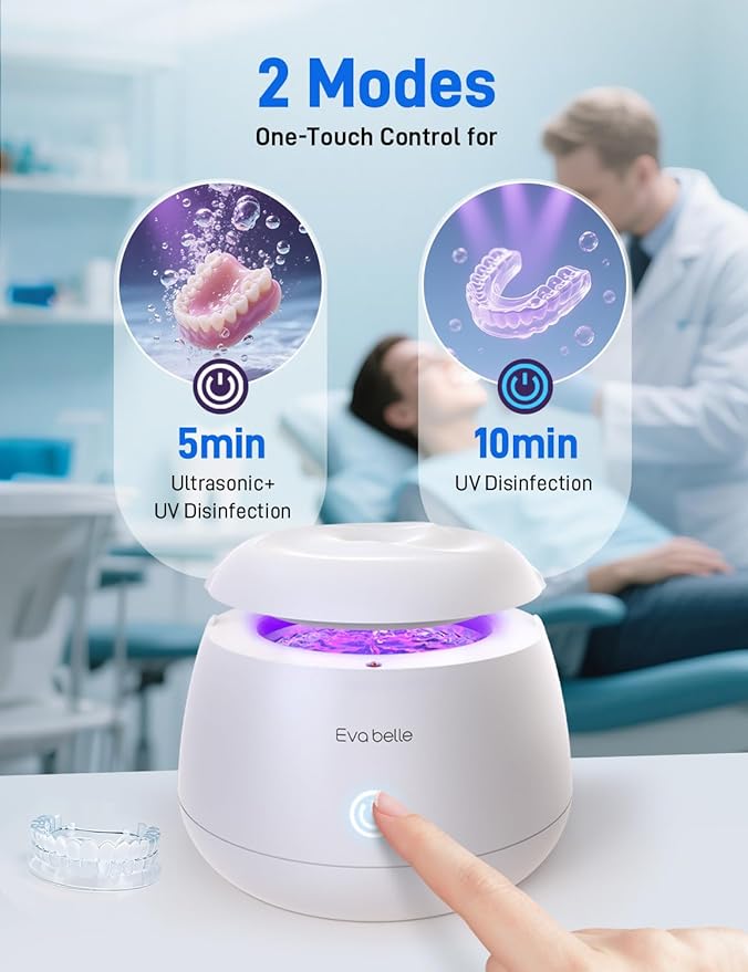 Ultrasonic Retainer Cleaner, EVA BELLE Rechargeable Denture Cleaner Machine, Tooth Cleaner MouthGuard Cleaner, Portable Retainer Cleaner for Night Guards, Braces, Aligner, Toothbrush, Jewelry and More