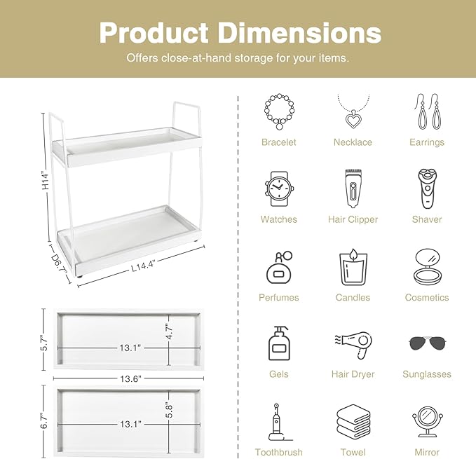Forbena White 2 Tier Bathroom Organizer Countertop, Small Counter Top Organizer for Bathroom Decor, Modern Kitchen Counter Shelf for Snack, Vanity Makeup Organizers and Storage Tray for Bedroom