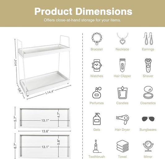Forbena White 2 Tier Bathroom Organizer Countertop, Small Counter Top Organizer for Bathroom Decor, Modern Kitchen Counter Shelf for Snack, Vanity Makeup Organizers and Storage Tray for Bedroom