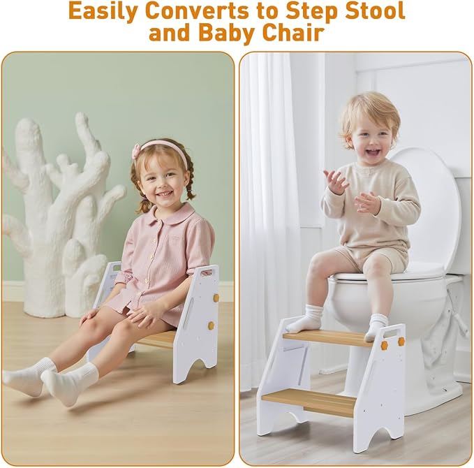 Toddler Step Stool, Wooden Height-Adjustable 2 Step Stool for Kids, 2 in 1 Potty Training Stool with Safety Handles Non-Slip Pads for Bathroom Sink, Kitchen, Bedroom (White)