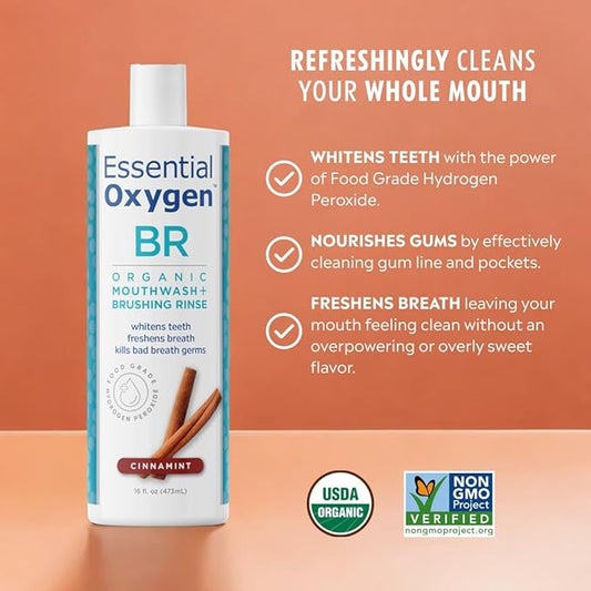 Essential Oxygen BR Certified Organic Brushing Rinse, All Natural Mouthwash for Whiter Teeth, Fresher Breath, and Happier Gums, Alcohol-Free Oral Care, Cinnamint, 2 Piece Set, 16 Oz