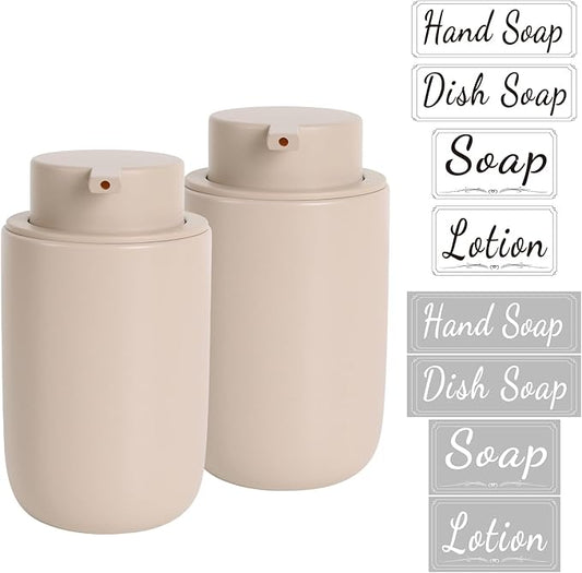 BosilunLife Khaki Soap Dispenser Set - 2 Pack 12oz Ceramic Dish Soap Dispenser with Rust Proof Pump for Kitchen, Hand Soap and Lotion Set Suitable for Farmhouse Bathroom Decor with Waterproof Labels
