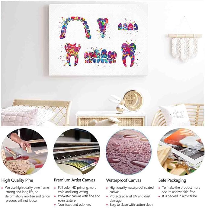 MBARE Watercolor Wall Art Prints,Dentist Art Watercolor Print Tooth Teeth Dental Office Clinic Dentistry Dental Implant Orthodontic Orthodontist Teeth Braces~-8"X12" Canvas Print With Frame