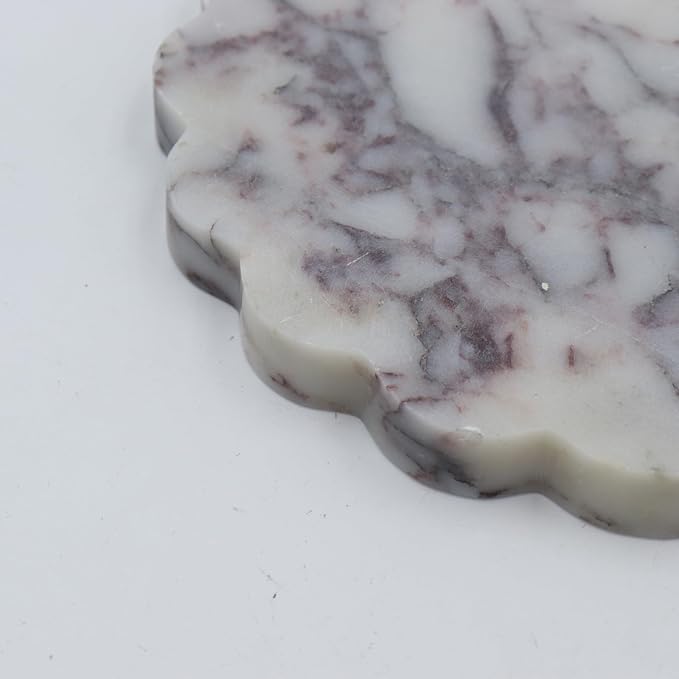 Round Marble Decorative Tray with Scalloped Edge, Luxury Natural Stone Bathroom Vanity Tray, Dresser Top Perfume Coffee Home Kitchen Sink Tray, Key Trinket Ring