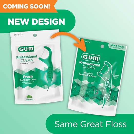 GUM Professional Clean Floss Picks - Extra Strong Shred-Resistant Floss, Easy Grip Handle - Dental Flossers for Adults - Fresh Mint Flavor, 90 Count
