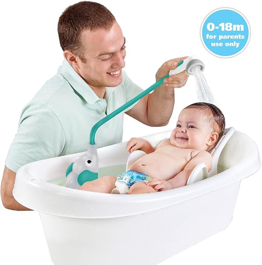 Yookidoo Baby Bath Shower Head - Elephant Water Pump with Trunk Spout Rinser - Control Water Flow from 2 Knobs for Maximum Fun in Tub or Sink for Newborn Babies (Grey and Forest Green)