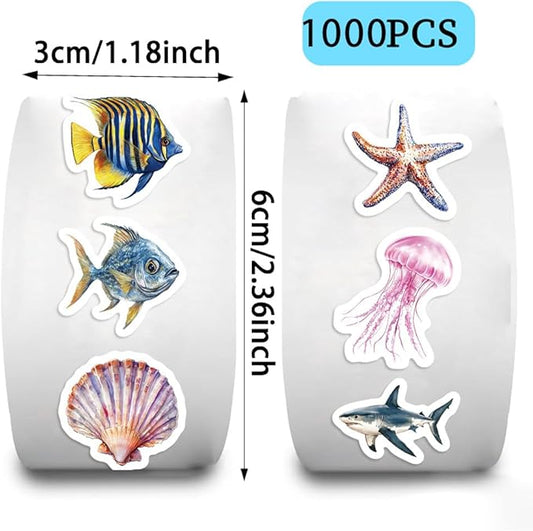 1000PCS Ocean Animal Stickers Roll for Kids, 2 Rolls, 10 Styles Cartoon Sea Creature Stickers, Whales, Octopus, Sharks, Jellyfish, Clownfish, Shells & Fish Decals for Classroom Rewards