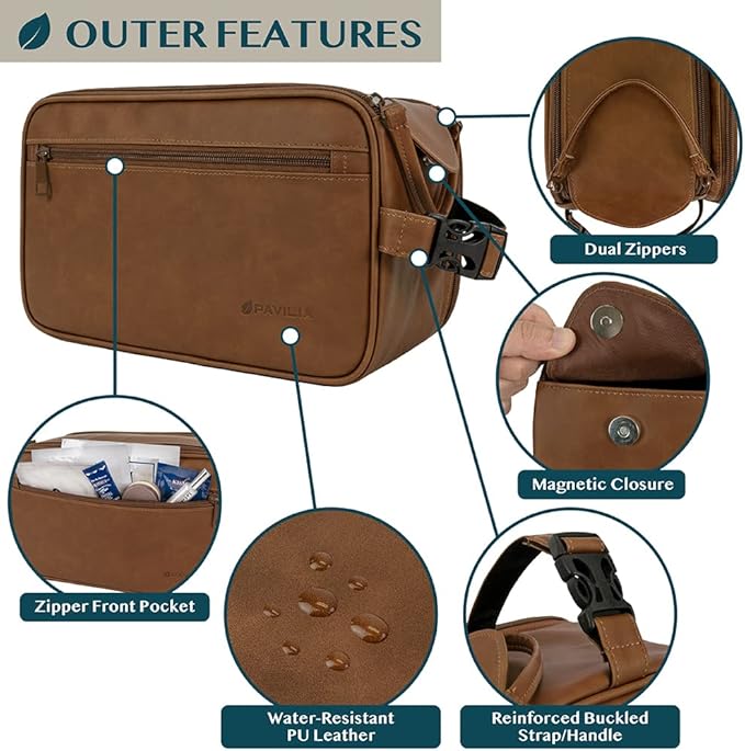 PAVILIA Toiletry Bag for Men, Travel Essentials Shaving Dopp Kit, Mens Travel Bag Toiletries Organizer Case for Grooming, PU Leather Water Resistant Cosmetic Bag Pouch (XL, Brown)
