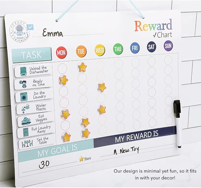QUOKKA Magnetic Behavior Chore Chart for Kids at Home - Gift Reward Visual Schedule Chart - Dry and Erase Routine and Responsibility - Use 48 Magnets & 49 Stars - from Toddlers to Teens