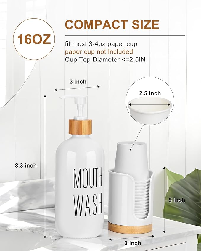 Pump Mouthwash Dispenser with Bathroom Cup Holder, Glass Mouthwash Container, Mouth Wash Bottle Decanter, Small PC 3 oz Dixie Cup Dipsenser, White, Printed Font