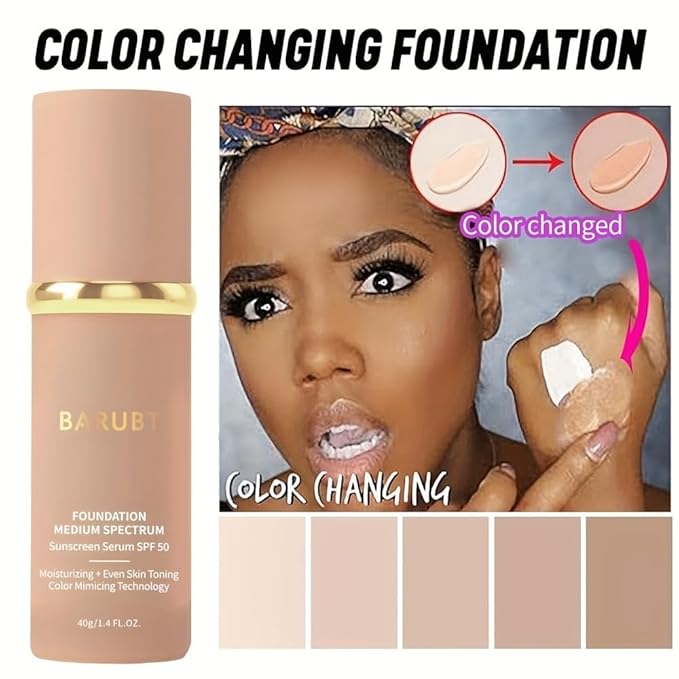 4 in 1 Color Changing Foundation Liquid with SPF 50 - Full Coverage Concealer, Medium Spectrum Foundation Makeup Cream Moisturizing Nourishing, Waterproof, for All Skins Women&Men 1.41 FL.OZ