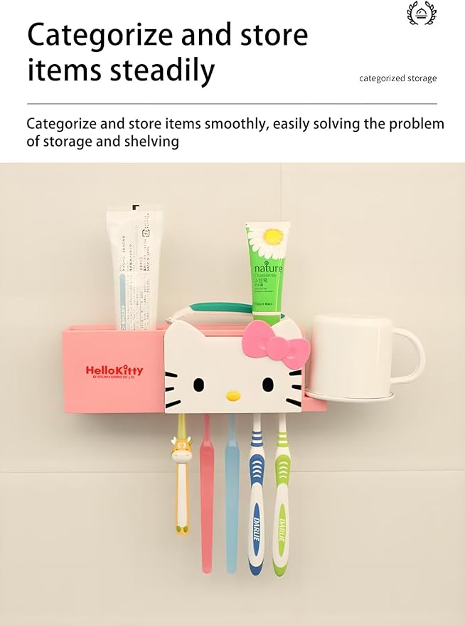 Kitty Wall-Mounted Toothbrush Holder, Suction Cup Multi-Functional Bathroom Toothbrush and Toothpaste Dispenser, Cute Cat Toothbrush Holder, No Drilling Required.