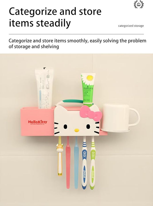 Kitty Wall-Mounted Toothbrush Holder, Suction Cup Multi-Functional Bathroom Toothbrush and Toothpaste Dispenser, Cute Cat Toothbrush Holder, No Drilling Required.