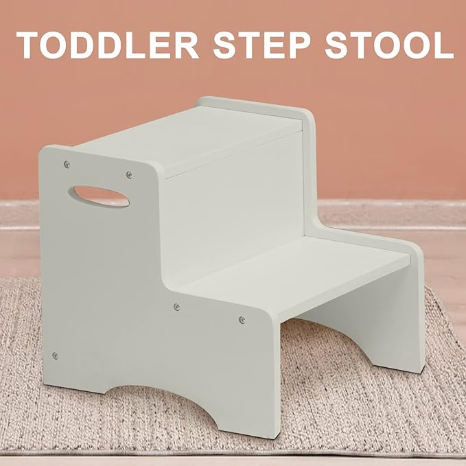WOOD CITY Wooden Toddler Step Stool for Kids, Grey Two Step Children's Stool with Handles, Bonus Non-Slip Pads for Safety, Bathroom Potty Stool & Kitchen Step Stools Dual Height…