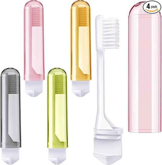 Patelai 4 Pcs Travel Toothbrush Set, Soft Bristle Mini Foldable Tooth Brush with Case, Individually Wrapped Small Portable Travel Size Toiletries Stuff for Camping (Mailard Color)