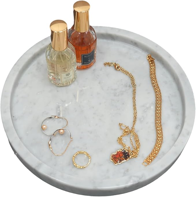 Bathroom Vanity Tray, Large Natural Marble Round Sink Tray 9.5 Inch, Carrara White Limestone Dresser Tray, Modern Countertop Organizer for Soap Dispenser, Kitchen Counter, Home Decor