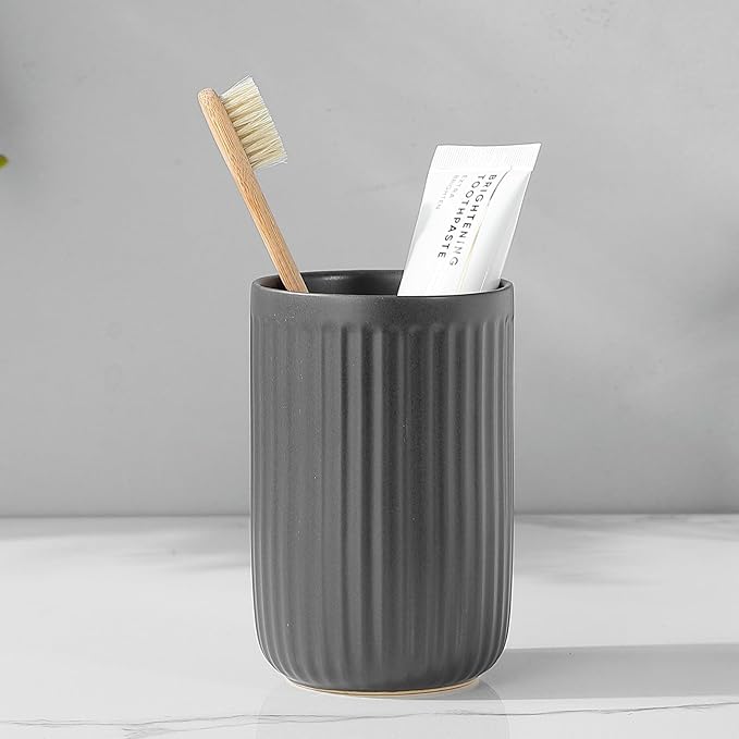 Matte Grey Toothbrush Holders for Bathrooms - Ceramic Toothbrush Toothpaste Holders Set, Bathroom Tumbler Cups Reusable Toothbrush Cup Grey Mouthwash Cup, Counter Organizer.