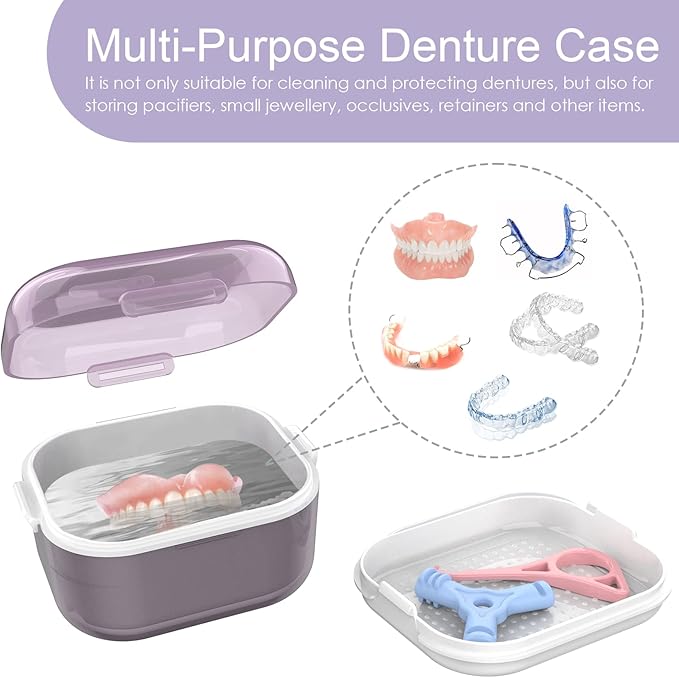 ARGOMAX Denture case, Denture Cup for Soaking dentures(Not Leak-Proof), Thorough Cleaning of dentures, Retainer, Mouthguards, Clear Braces (Purple).