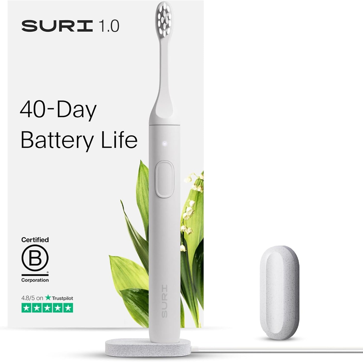 SURI 1.0 Sonic Electric Toothbrush |1 Month+ Battery | Designed in California | Sustainable Electric Toothbrush for Adults | Travel Toothbrushes | Tooth Brush | White