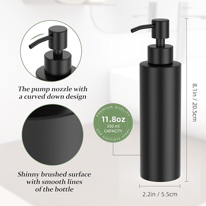 ARKTEK Matte Black Soap Dispenser Stainless Steel 11.8 OZ - Liquid Hand Lotion Dispenser Decor Refillable Dishwashing Soap Dispenser for Kitchen Bathroom Countertops
