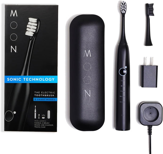 MOON Sonic Electric Toothbrush for Adults & Teens, Black, 5 Smart Modes, Clean, White, Massage, Polish & Sensitive, Rechargeable with Travel Case & 2 Brush Heads, Industry-Leading 6 Week Charge