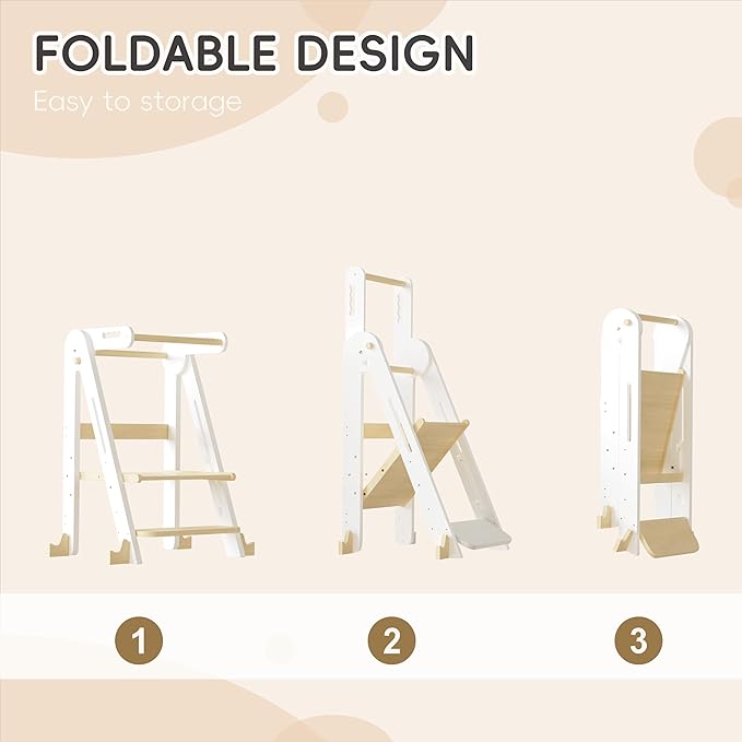 Kids Kitchen Step Stool, Foldable Toddler Tower, Height Adjustable Toddler Standing Tower with Safty Rail and Anti-Slip Device, Wooden Stool for 1.5-6 Years(White Wood)