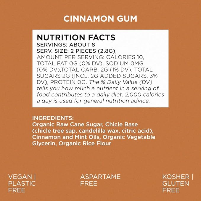 SIMPLY Gum Cinnamon, Plastic-Free Natural Chewing Gum, 12 Pack (180 Pieces) | Vegan, Kosher, Non GMO, Aspartame Free and Sorbitol Free