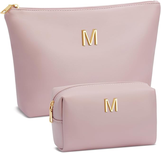 Women Gifts | Initial Makeup Bag Set for Girl Personalized Gifts for Bridesmaid Friend Graduation Teachers PU Leather Cosmetic Travel Toiletry Bag(Pink,M)
