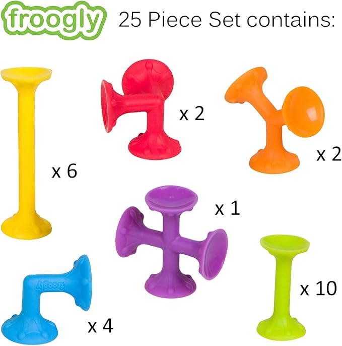 Froogly - 25 Piece Suction Toys | Montessori Bath Construction Building Set Silicone Preschool Daycare Shower Travel for Kids Toddlers Boys Girls Ages 3 4 5 6 Year Old