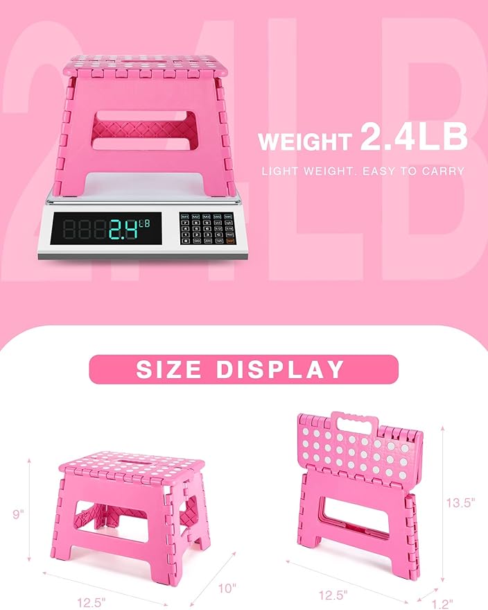 Dyforce Folding Step Stool 9 Inch, Kids Step Stool, Heavy Duty Step Stools for Adults, Compact Foot Stools, Light-Weight Toddler Step Stools for Kitchen, Bathroom, Holds Up to 300 lbs (Pink)