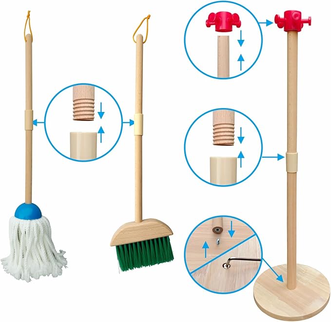 Kids Cleaning Set, 8 Pack Wooden Housework Cleaning Includes Broom Mop Duster Dustpan Brushes Rag and Organizing Stand, Solid Beech Wood , Cleaning Toys Gift for Toddlers Girls Boys Age 3-8