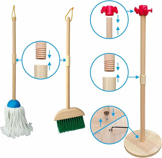 Kids Cleaning Set, 8 Pack Wooden Housework Cleaning Includes Broom Mop Duster Dustpan Brushes Rag and Organizing Stand, Solid Beech Wood , Cleaning Toys Gift for Toddlers Girls Boys Age 3-8