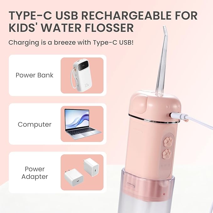 Kids Water Dental Flosser, Portable Water Flosser for Teeth 150ML Rechargeable Oral Irrigator with 3 Modes & 4 Nozzles, IPX5 Waterproof for Home and Travel