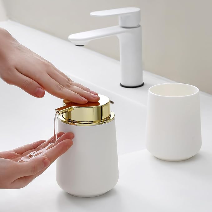 White and Gold Bathroom Accessories 2 Piece Set Luxury Matte Plastic Soap Dispenser and Toothbrush Holder for Modern Bathroom Decor