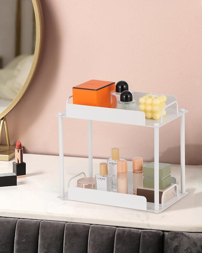 KATHY&BOB Bathroom Countertop Organizer, Make-up Desk Organization, Dressing Shelf Desktop Storage for Bathroom Cosmetic Dorm Kitchen Living Room, Multipurpose Cubicle Display Rack (White, 2 Tiers)