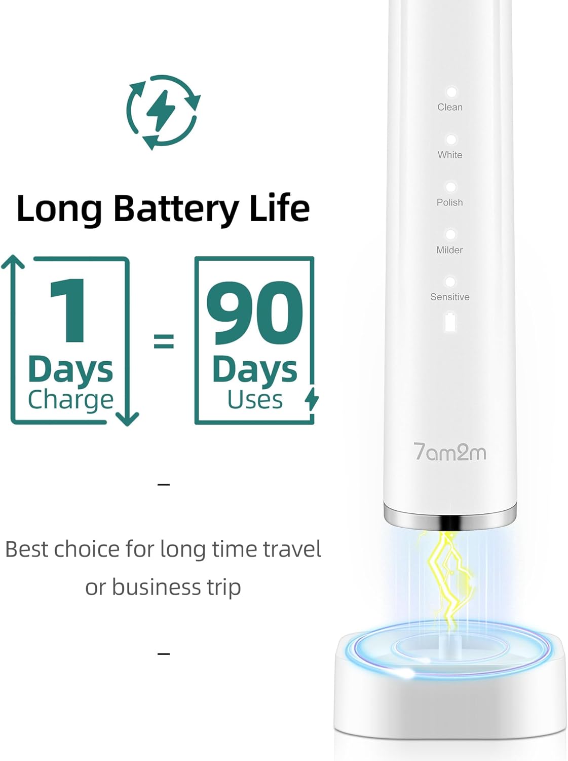 7AM2M Sonic Electric Toothbrush with 6 Brush Heads for Adults and Kids, One Charge for 90 Days, Wireless Fast Charge, 5 Modes with 2 Minutes Built in Smart Timer, Electric Toothbrushes (Black&White)
