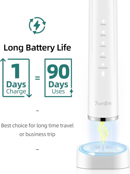 7AM2M Sonic Electric Toothbrush with 6 Brush Heads for Adults and Kids, One Charge for 90 Days, Wireless Fast Charge, 5 Modes with 2 Minutes Built in Smart Timer, Electric Toothbrushes (Black&White)