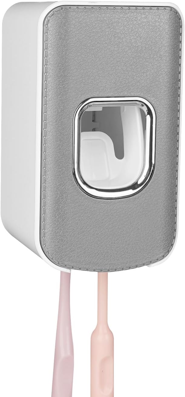 2 Slot Plastic Toothbrush Holder and Toothpaste Dispenser Wall Mounted, Automatic Toothpaste Squeezer, 2 in 1 Tooth Brush Toothpaste Organizer for Shower (Grey)