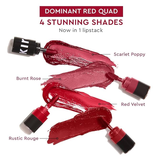 KIRO Four Play Non-Stop Airy Matte Liquid Lip Stack – Dominant Red | 4 Nude Lipstick Shades | Long-Lasting, Transfer-Proof, Hydrating, Lightweight | Infused with Avocado & Apricot Oils | 6ml