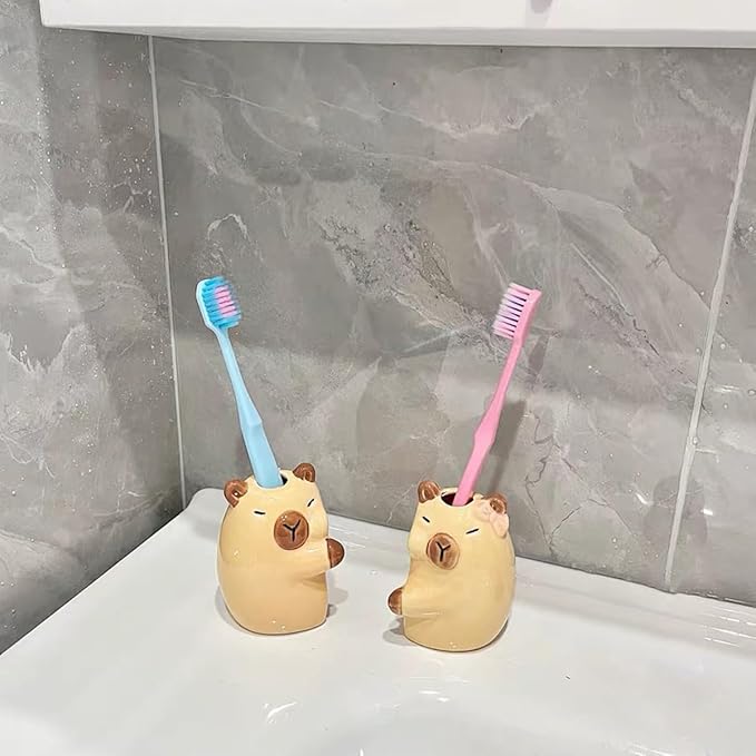 Ceramic Toothbrush Holder for Bathroom, Set of 2 Cute Capybara Shape Tooth Brush Holders Pencil Holder for Bathroom Countertop Home Office Table Decor