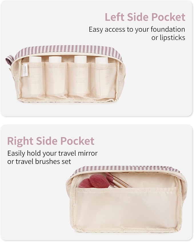 Narwey Cute Makeup Bag Small Toiletry Bag Travel Cosmetic Bag Organizer Make Up Bags with Organized Pockets for Women (Dusty Rose Stripe, Large)