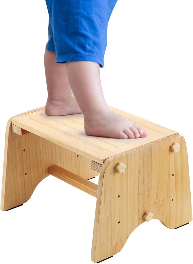 9" Wooden One Step Stool, Todder Step Stool Wood for Kids/Adults/Elderly - Adjustable Height, Lightweight, Anti-Slip, 200 Lbs Beside Stepstool for Bathroom, Kitchen, Bedroom (Natural, Pine)