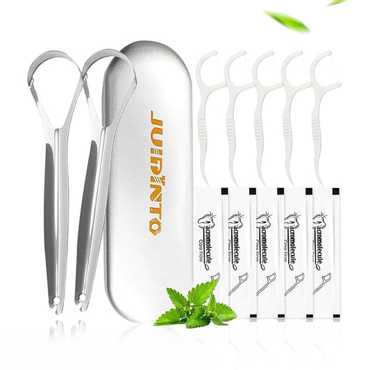 Tongue Scraper Set for Adults – 2 Medical-Grade Stainless Steel Tongue Scrapers with Travel Case + 10 Pack Floss Picks – Tongue Cleaner for Oral Care & Hygiene, Reduce Bad Breath