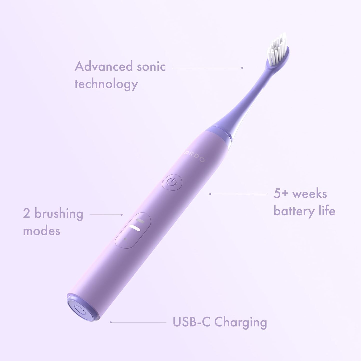 ORDO Lite Sonic Toothbrush, Electric Toothbrushes with 35,000 Pulses Per Min, Dual Modes, Over 5 Weeks Battery, Smart Timer, Waterproof, USB C, Lavender