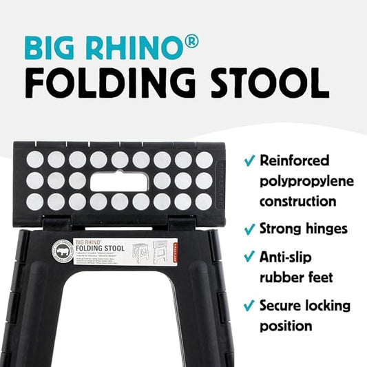Kikkerland Rhino Foldable Step Stool – Holds Adults up to 300 Lbs, Best for Kitchen & Bathroom – Collapsible, Portable, Lightweight Stepping Stool with Sturdy, Non-Slip Design – Black, 15”
