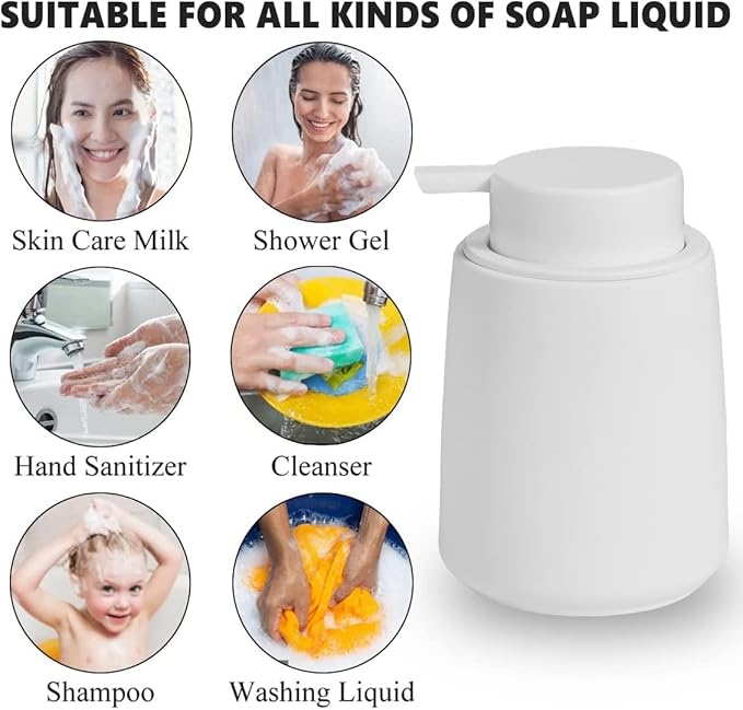 12Oz White Soap Dispenser - Modern Ceramic Lotion Hand Soap Dispenser with Easy-to-Press White Pump, Reusable and Refillable Liquid Dish Soap Dispensers for Bathroom, Kitchen (Rubber Paint)