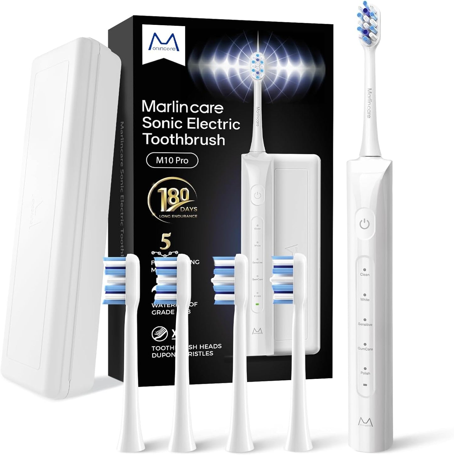 Electric Toothbrush for Adults, Rechargeable Sonic Travel Toothbrush Teens with 4 Brush Heads-180 Days Battery Life, 55000VPM, 5 Modes Smart Timer& Travel Case, White